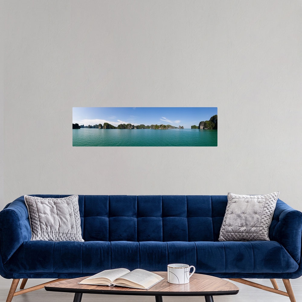 A modern room featuring Bay with cliffs in the background, Halong Bay, Vietnam