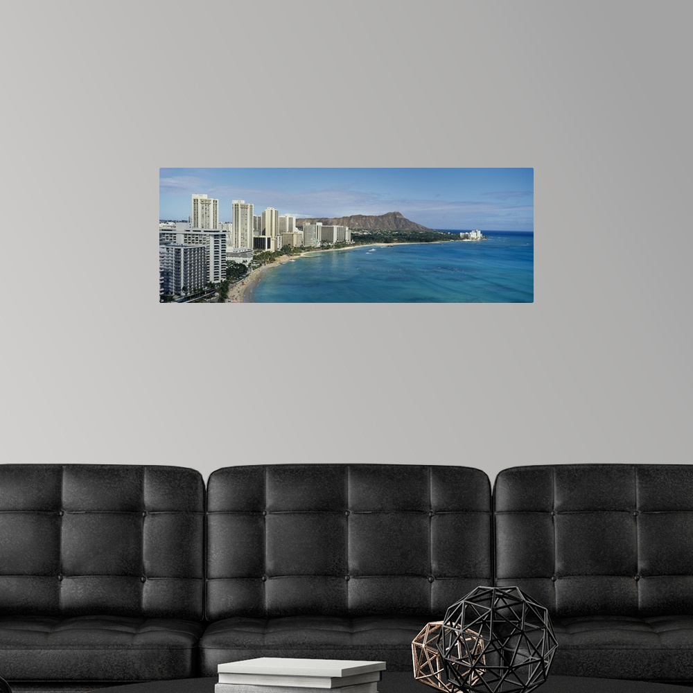 A modern room featuring High angle view of skyscrapers on the waterfront, Waikiki, Oahu, Hawaii