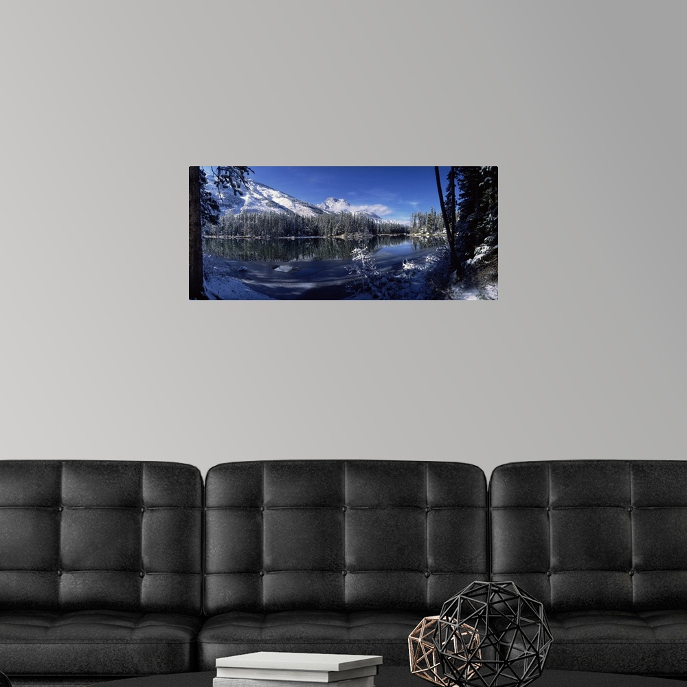 A modern room featuring Horizontal canvas of ancient looking snowy mountains with snow covered trees at their bases meeti...