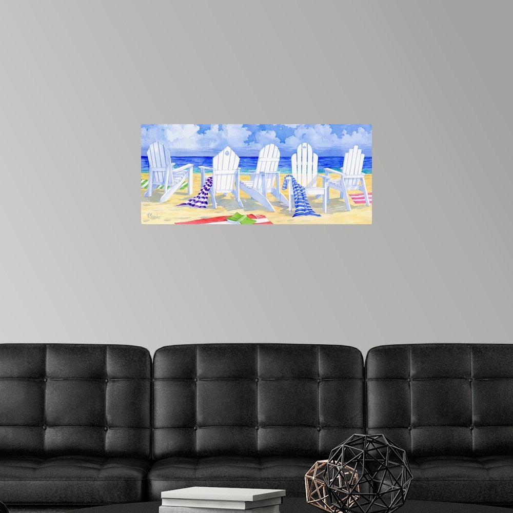 A modern room featuring Watercolor painting of five white adirondack chairs with towels on a sandy beach.