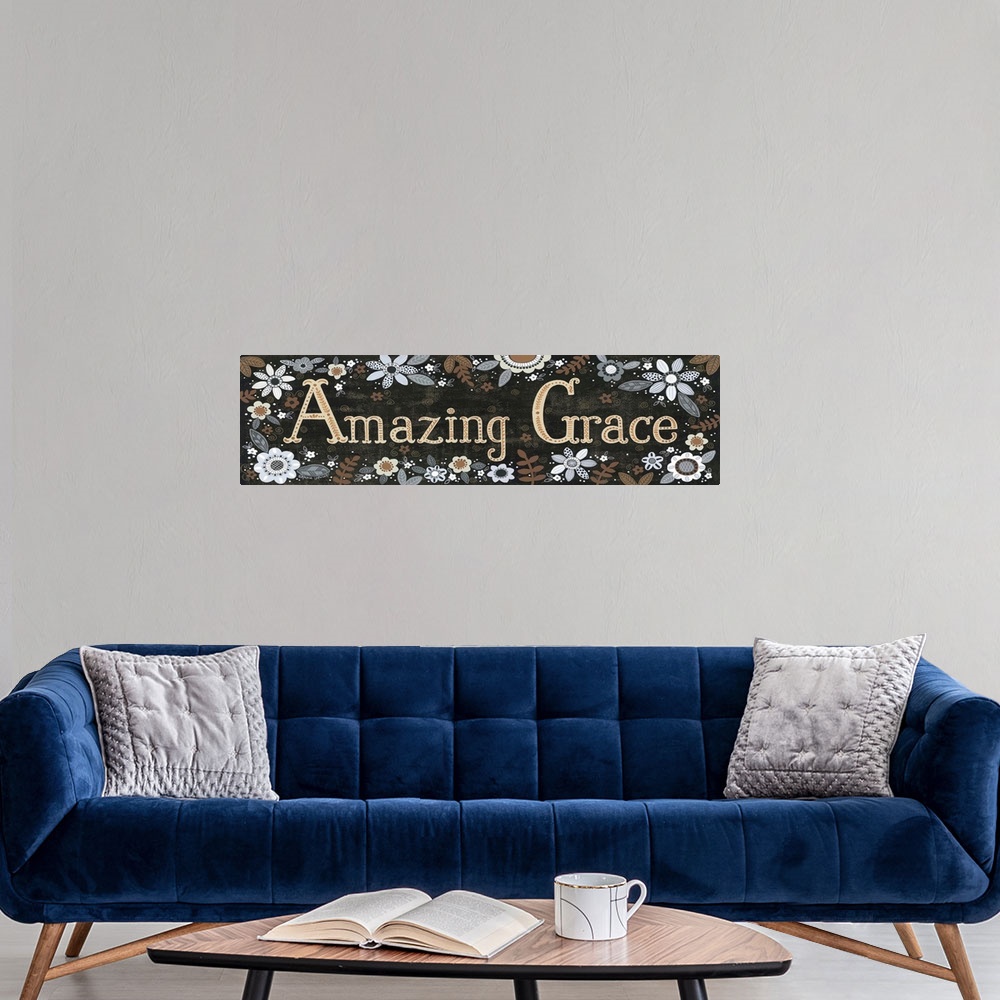 A modern room featuring Folk art style sign decorated with a variety of flowers.