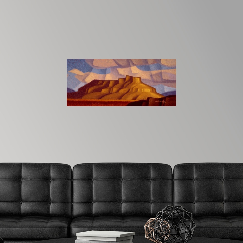 A modern room featuring Painting of Undo Butte, an American Southwest desert scene in a cubist style with large billowing...