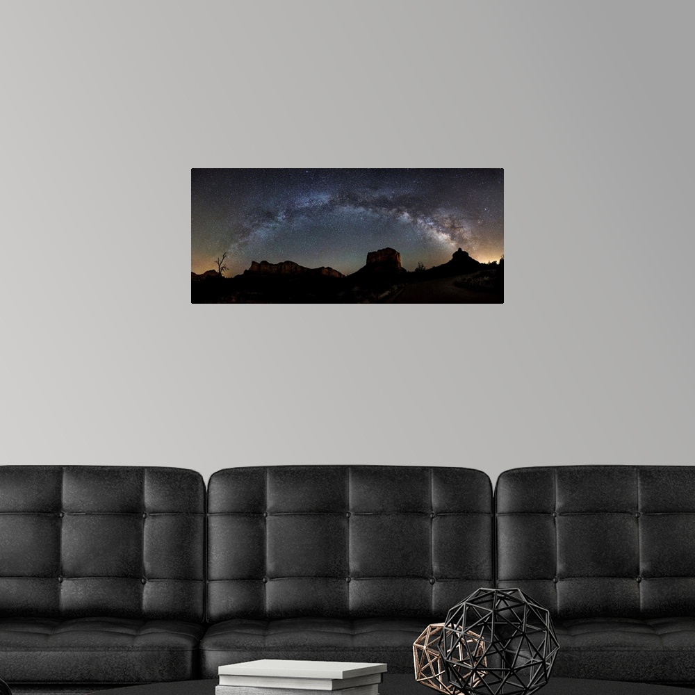 A modern room featuring Milky Way panorama over the red rocks of Sedona, Arizona.