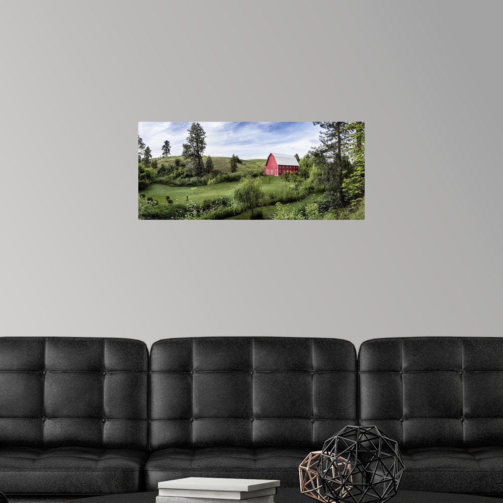 A modern room featuring Red barn and gardens in the Palouse region of Washington.