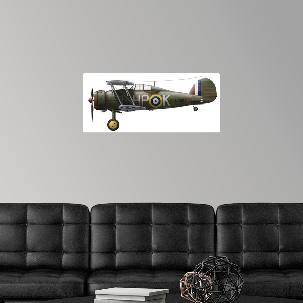 A modern room featuring A Gloster Gladiator MkII of 247 Squadron which saw active duty during the Battle of Britian.