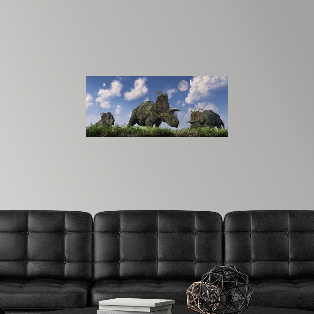 A modern room featuring A herd of Albertaceratops grazing on a Cretaceous landscape.