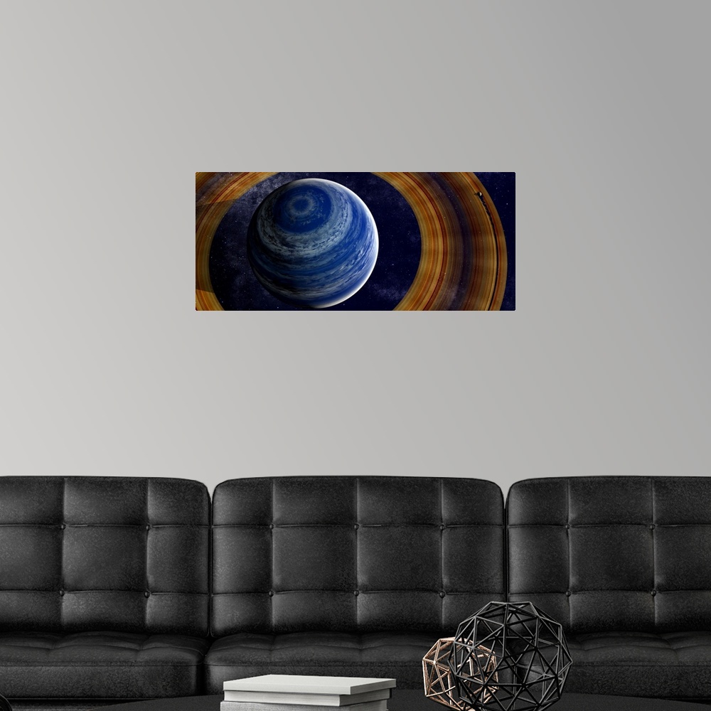 A modern room featuring A ringed blue gas giant with shepherd moon in the rings, against a starry background.