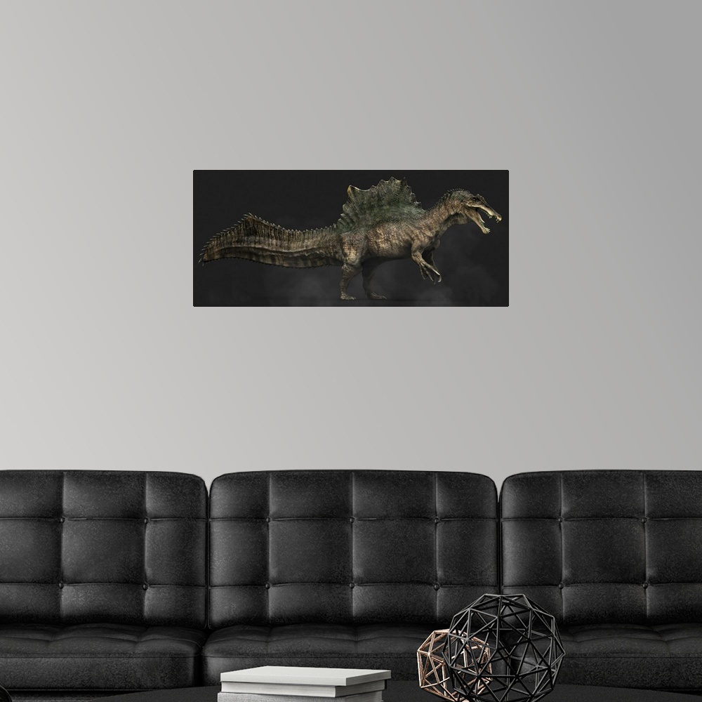A modern room featuring Spinosaurus dinosaur, side view on colored background.