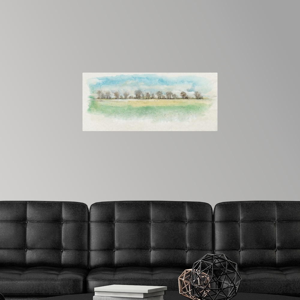 A modern room featuring Watercolor painting of a row of trees at the edge of a meadow.