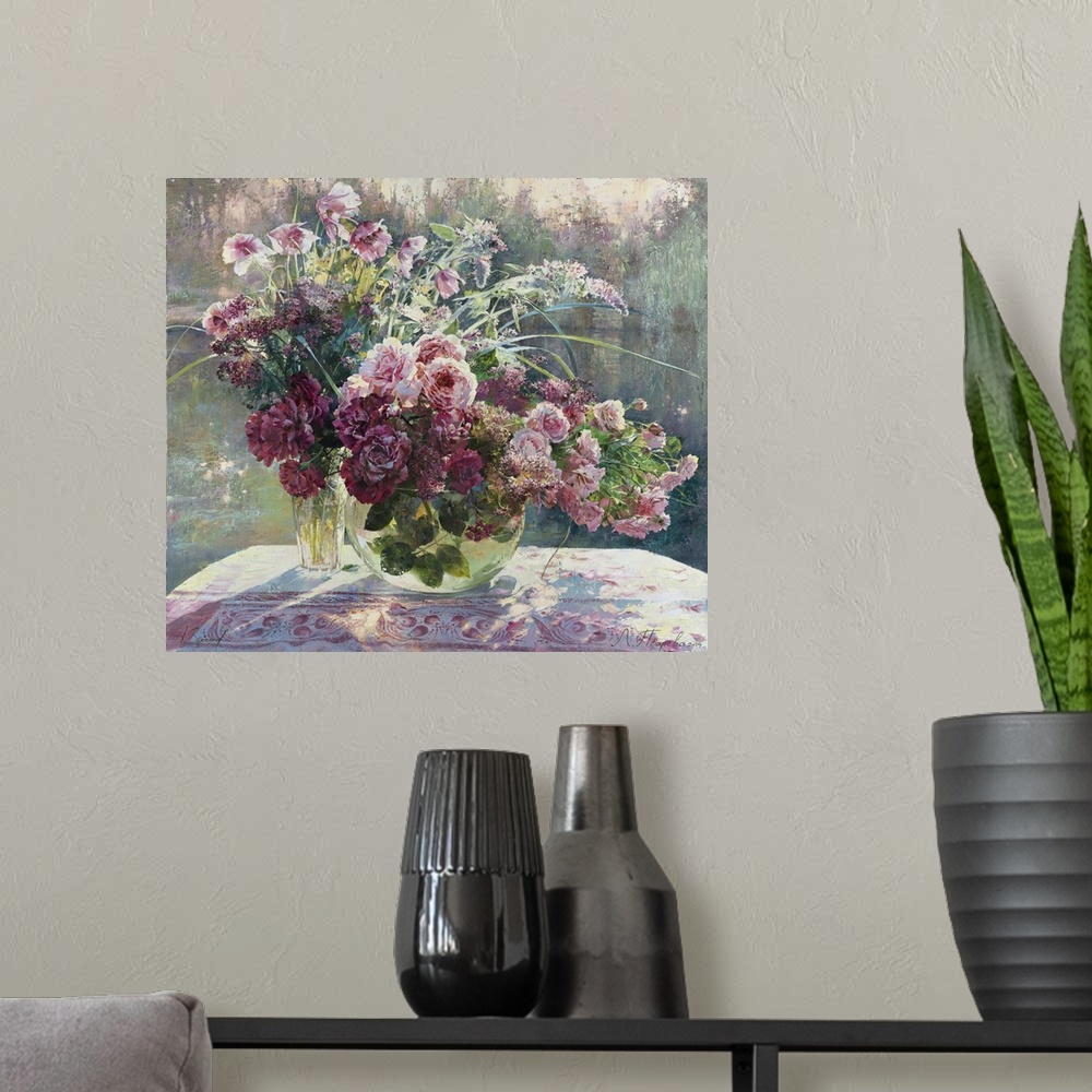 A modern room featuring Contemporary still-life painting of flowers.