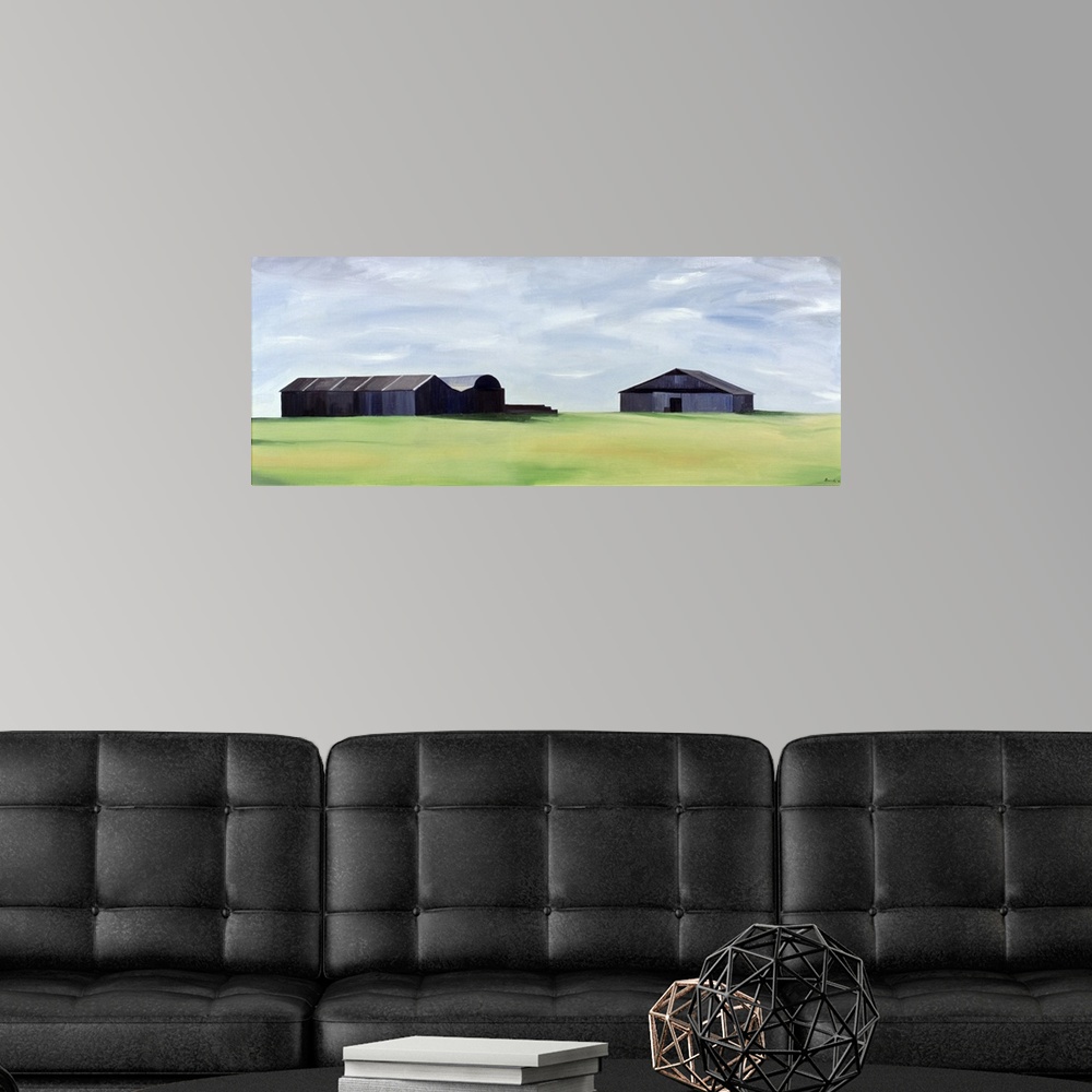 A modern room featuring ANB186538 Summer Barns (oil on canvas); by Bianchi, Ana (Contemporary Artist); 142x56 cm; Private...