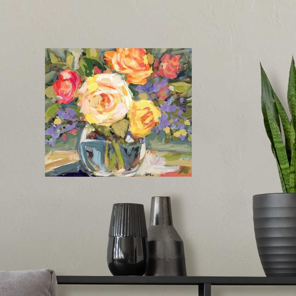 A modern room featuring This striking floral bouquet adds a dramatic statement to any room
