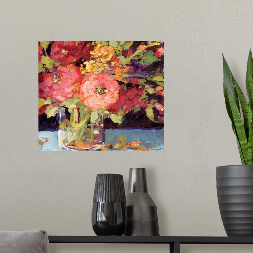 A modern room featuring This striking floral bouquet adds a dramatic statement to any room