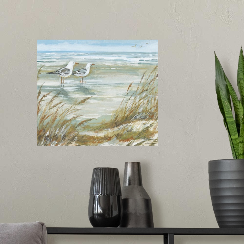 A modern room featuring Seagulls pose in their seaside setting.