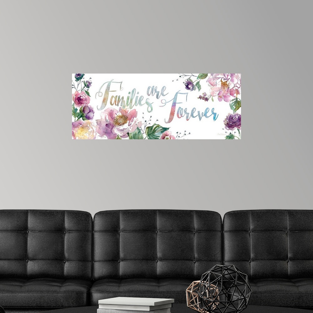 A modern room featuring "Families are Forever" surrounded by watercolor flowers.
