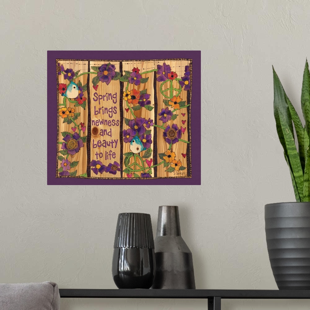A modern room featuring Purple flowers with blue birds with saying