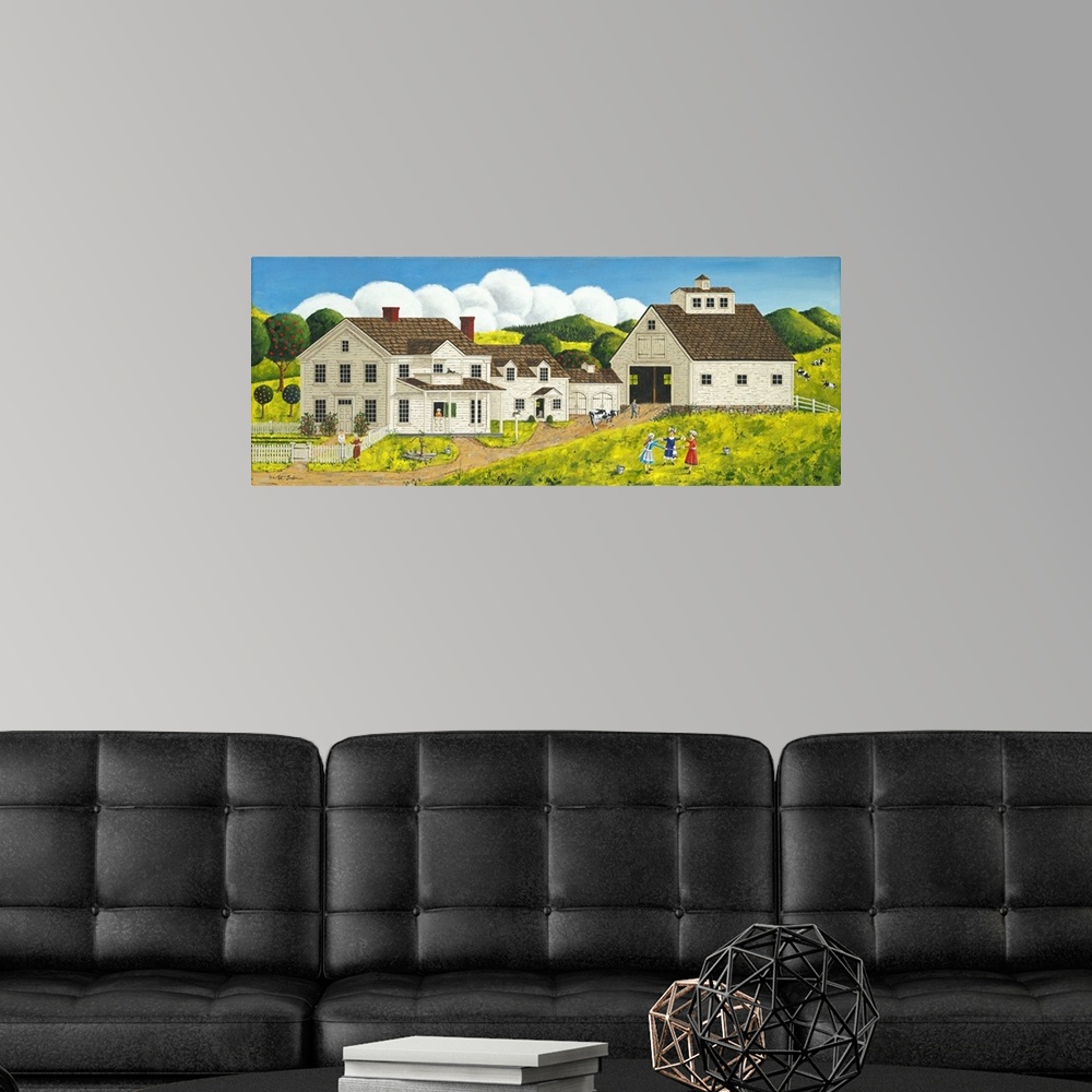 A modern room featuring Americana scene of children playing outside of a large farmhouse and barn.