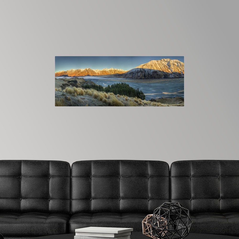 A modern room featuring Sunrise over Clyde River, Cloudy Peak Range, Canterbury, New Zealand