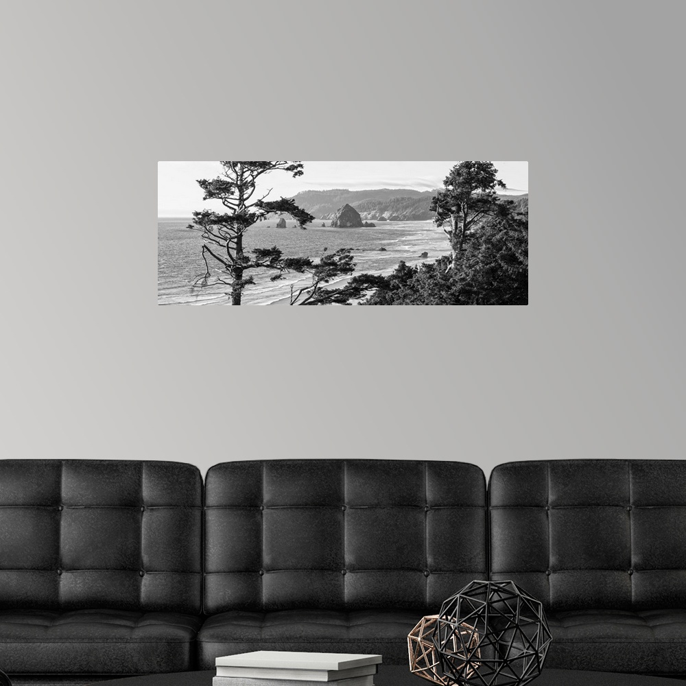 A modern room featuring Black and white panoramic landscape photograph of Cannon Beach through the trees with Haystack Ro...