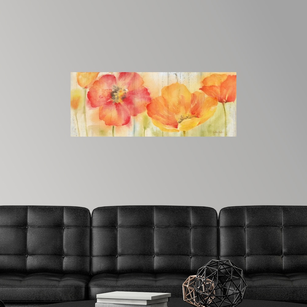 A modern room featuring A bright watercolor painting of red, orange and yellow poppies against a faded orange and green b...
