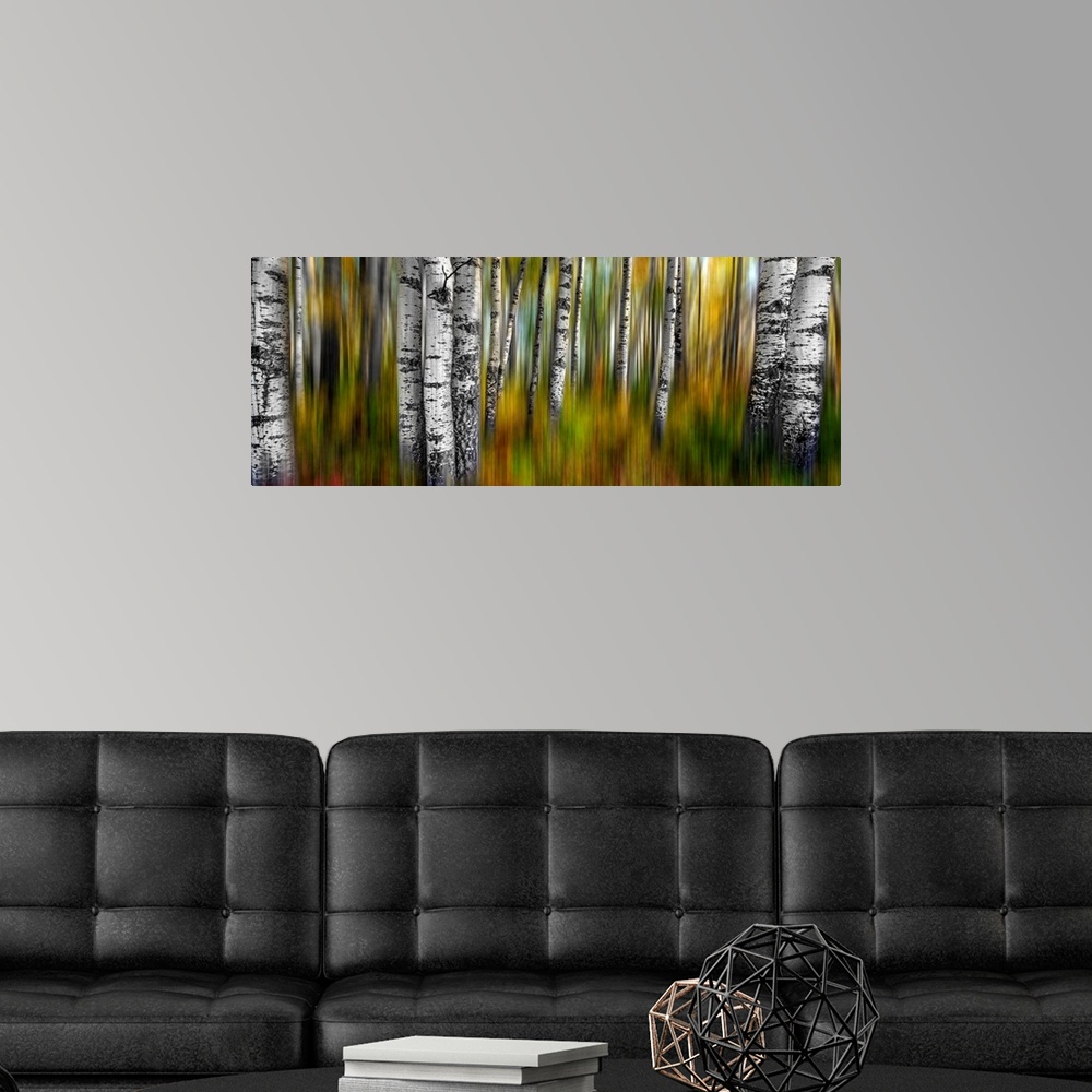 A modern room featuring A two image abstract of a colorful fall forest with intentional motion blur.