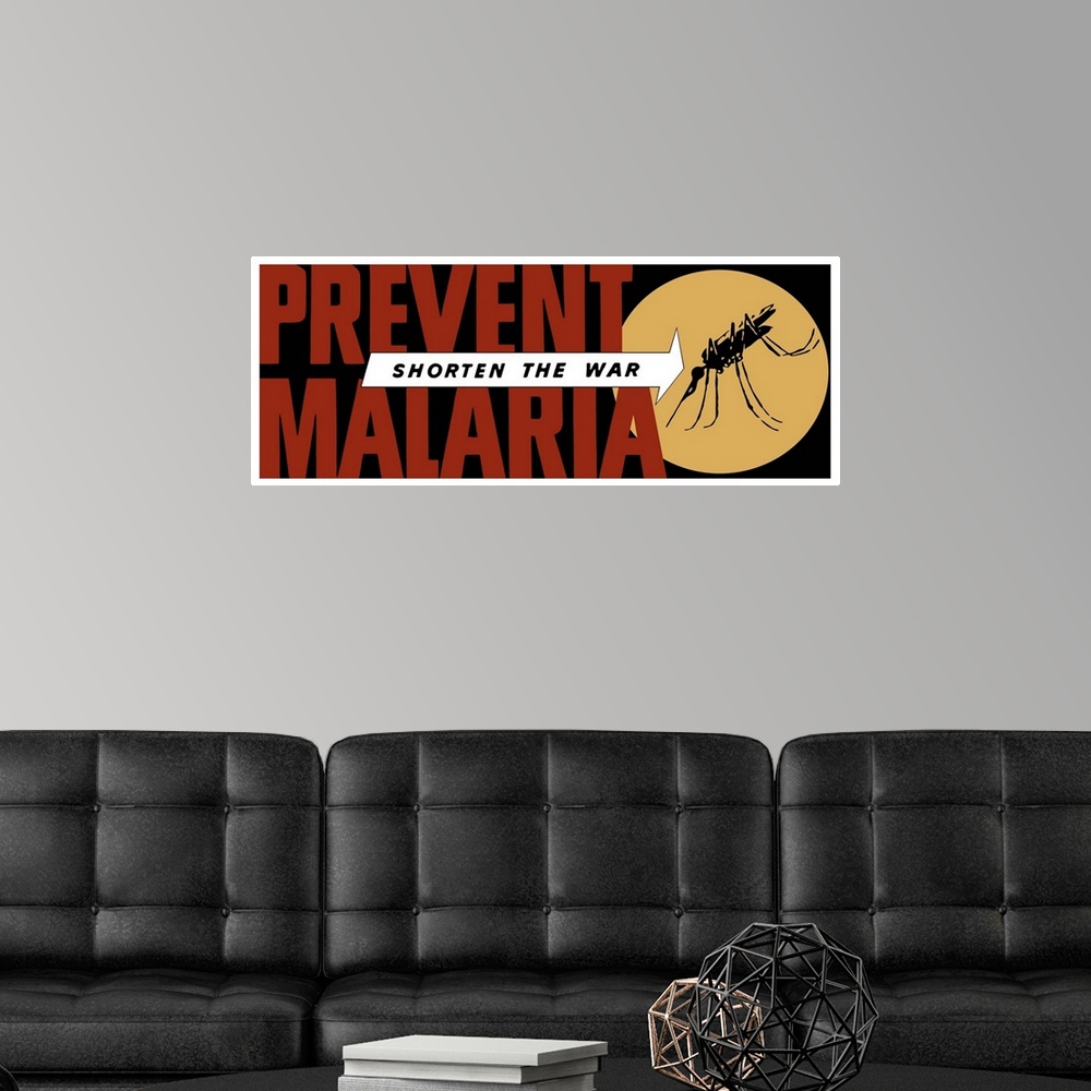A modern room featuring Vintage World War II propaganda poster featuring an arrow pointing at a large mosquito. It reads,...