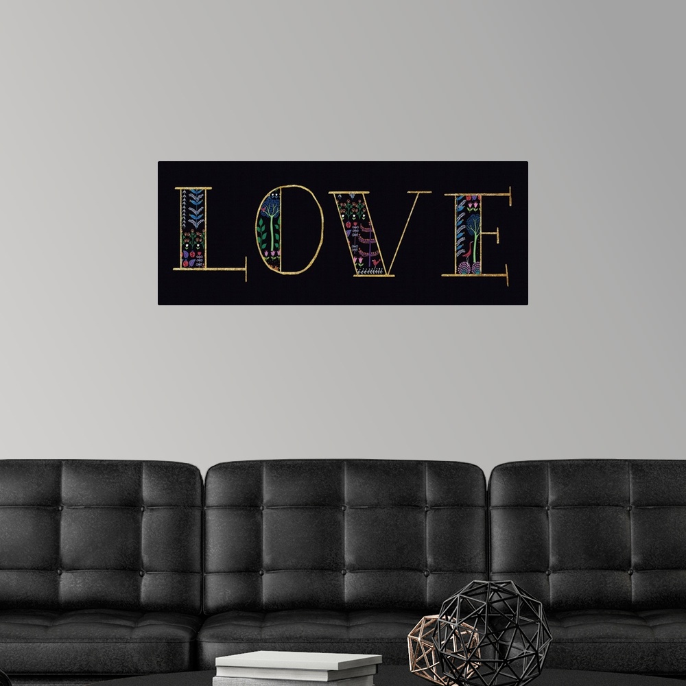 A modern room featuring "LOVE" with a floral design on a black background.