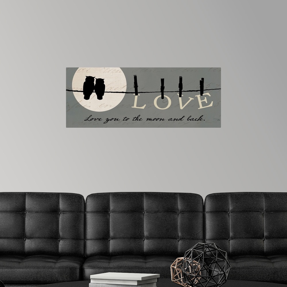 A modern room featuring This panoramic piece shows a silhouette of two owls sitting on a wire in front of the moon with t...