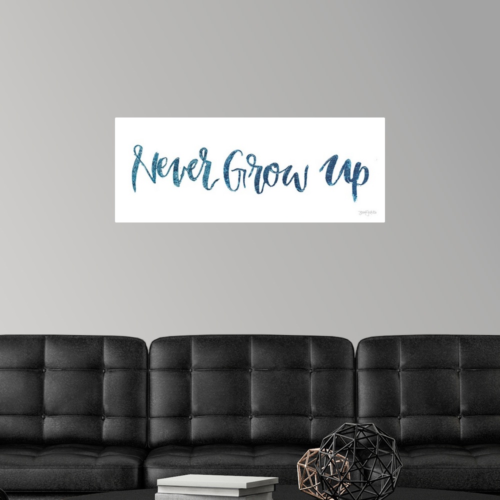 A modern room featuring "Never Give Up" handwritten in blue on a white background.