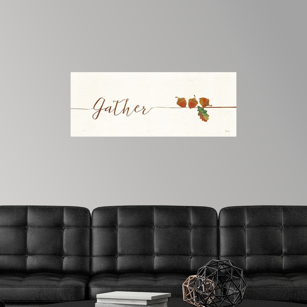 A modern room featuring Horizontal artwork of "Gather" in handwritten text with a a few acrons.
