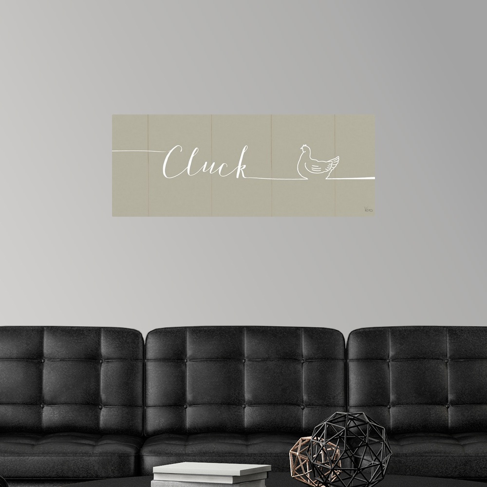 A modern room featuring "Cluck" with the outline of a chicken on a beige plank background.