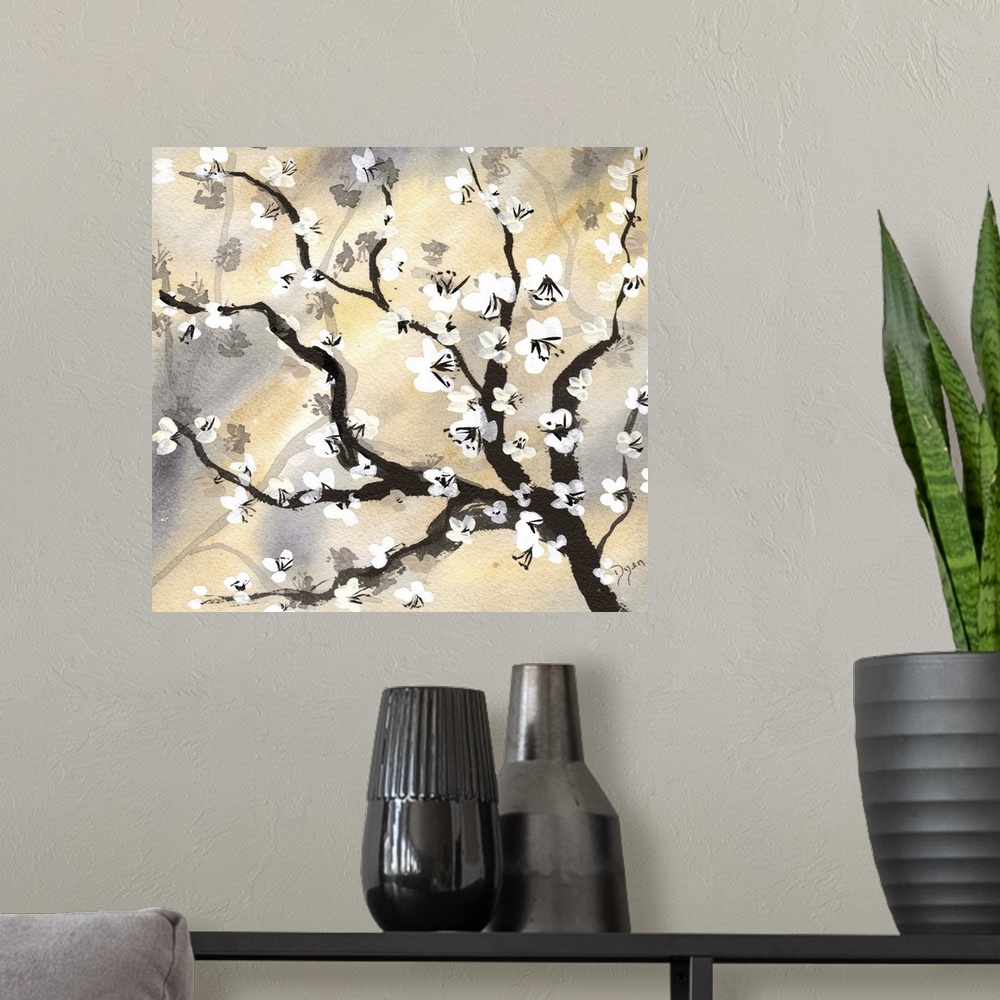 A modern room featuring Painting of cherry blossom tree branch, with tiny white blossoms. Against an earth toned background.