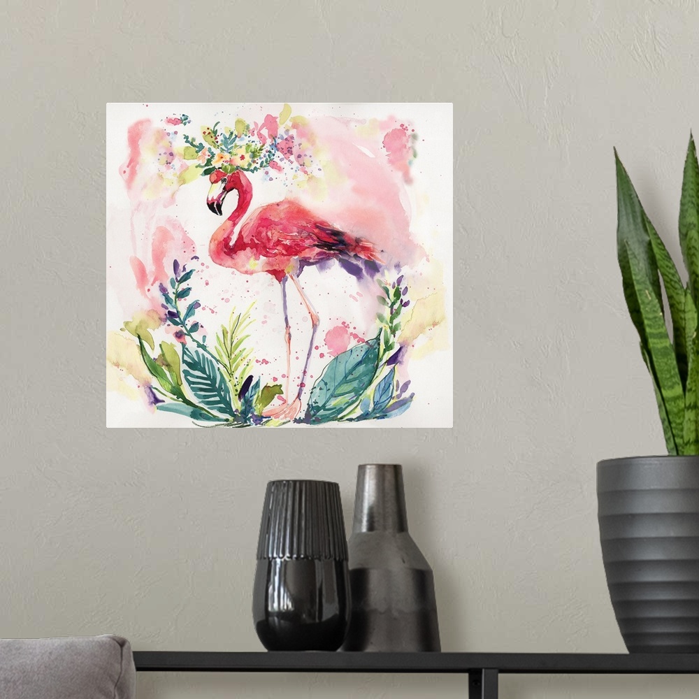 A modern room featuring The classic flamingo is given a colorful and lush treatment