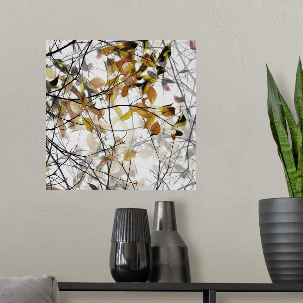 A modern room featuring Photo of branches with fall leaves, edited for a smooth effect.