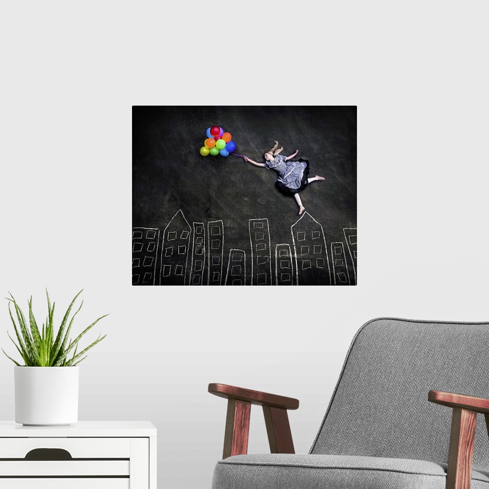 A modern room featuring Conceptual image of a girl holding a bunch of colorful balloons appearing to float over a simple ...