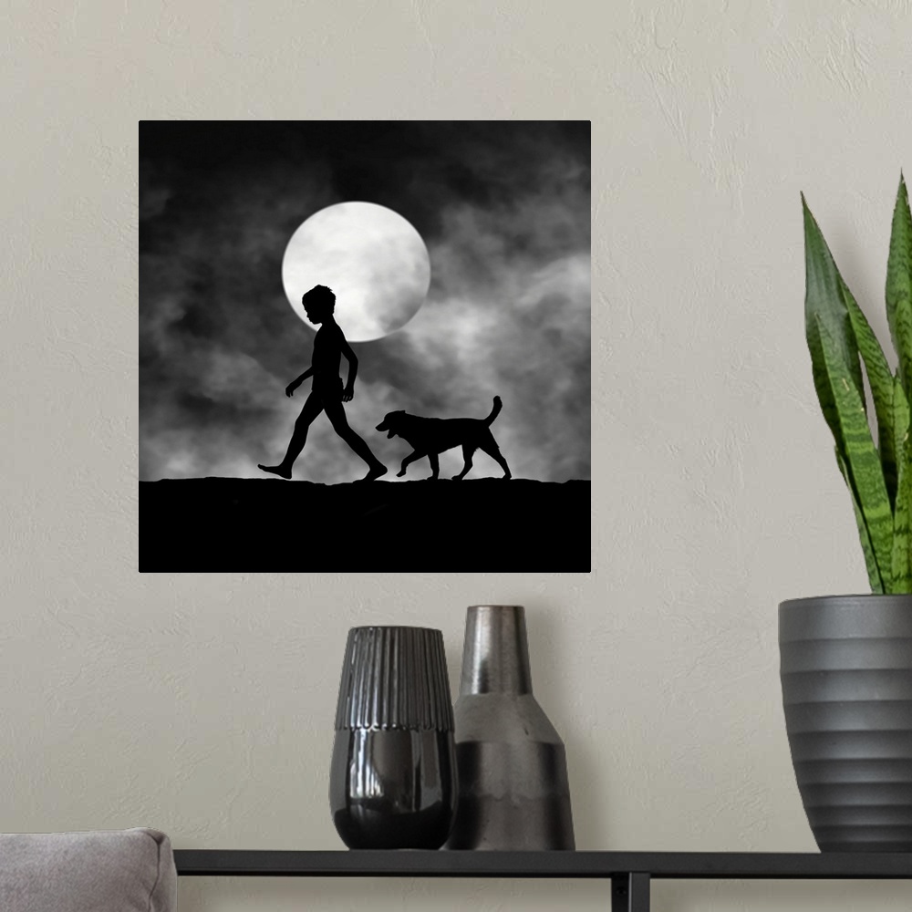 A modern room featuring Silhouette of a boy and a dog walking on a foggy night, with the moon behind.