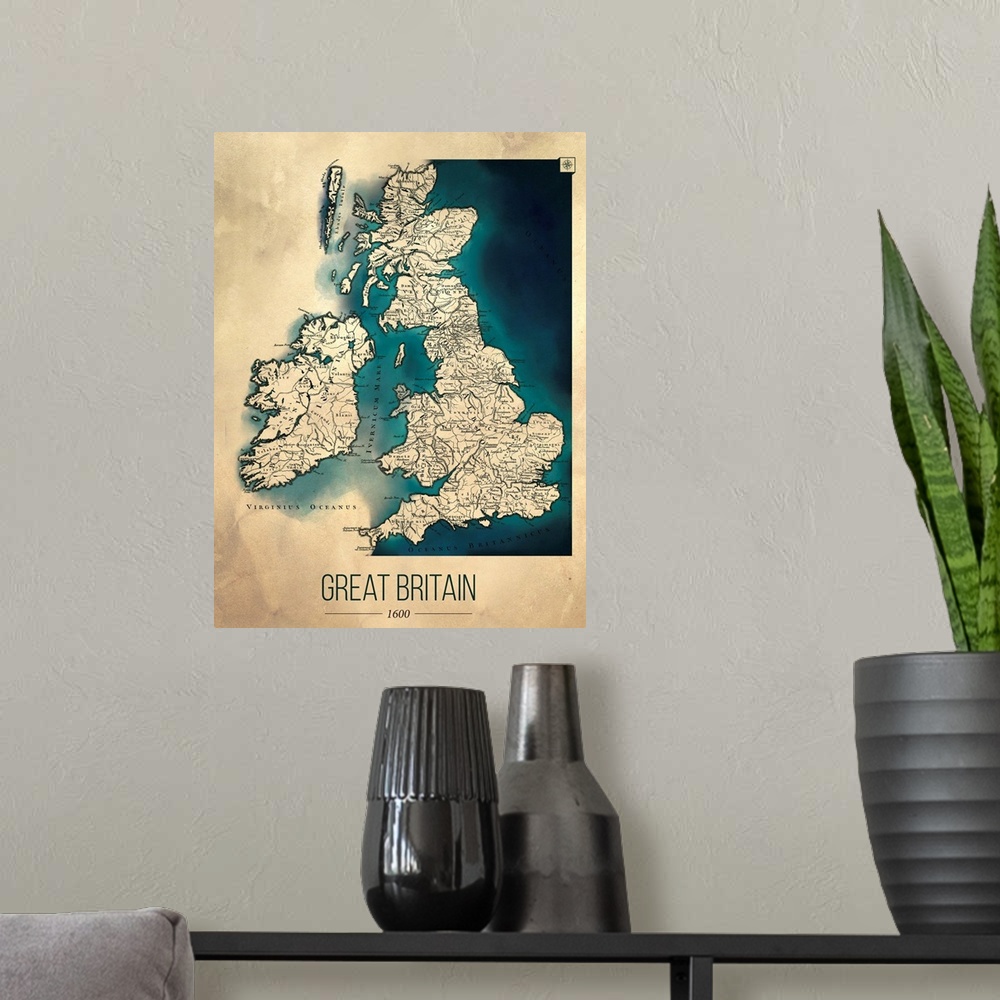 A modern room featuring Great Britain Map