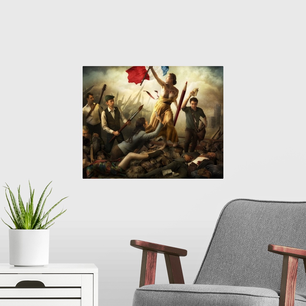 A modern room featuring Recreation of the Delacroix painting, "Liberty Leading the People," with people wielding giant ar...
