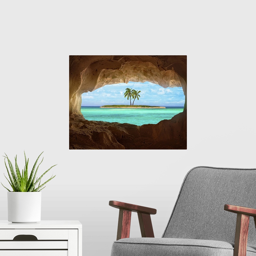A modern room featuring An old Indian cave located on a remoteTurks and Caicos Island. Beautiful Caribbean sea glowing an...