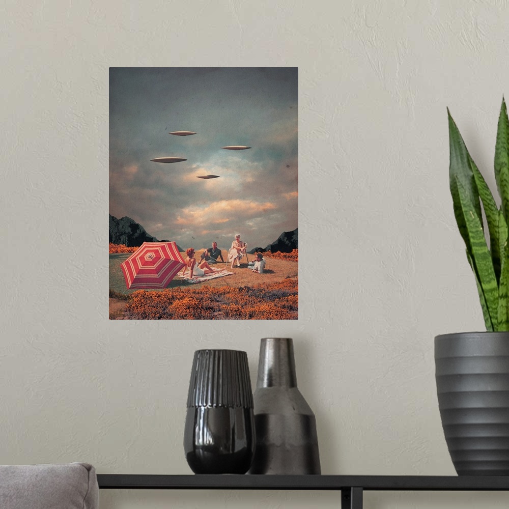 A modern room featuring A retrofuturism surrealist collage featuring two couples having a picnic in a field while flying ...