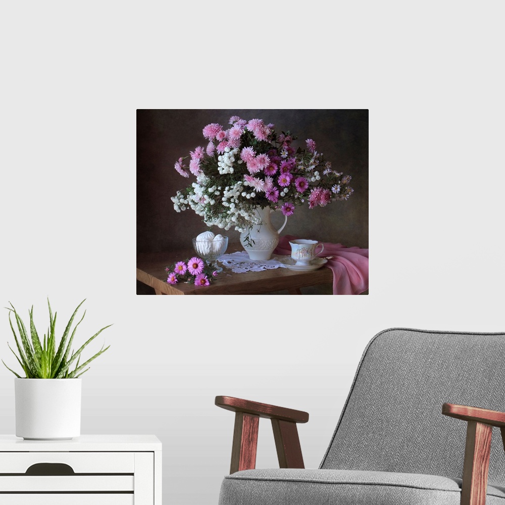 A modern room featuring Still Life With Chrysanthemums