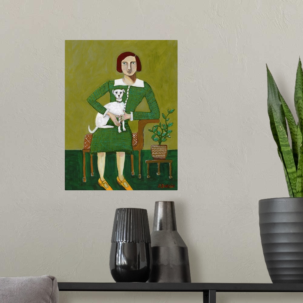 A modern room featuring Vintage Lady With Her White Dog