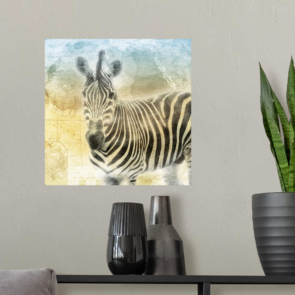 A modern room featuring A heavily textured painting of a zebra on top of a map of Africa with cool tones at the top fadin...