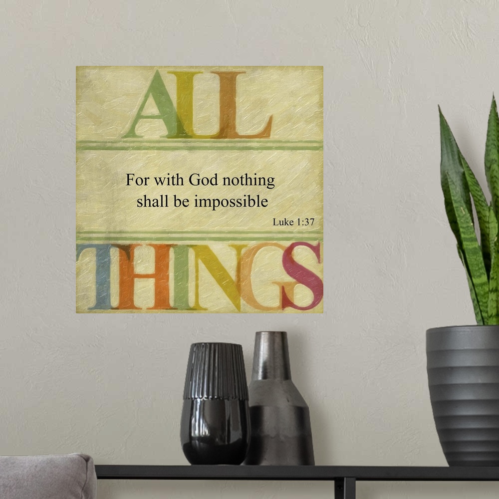 A modern room featuring Bible verse Luke 1:37 framed by letters in rainbow colors.