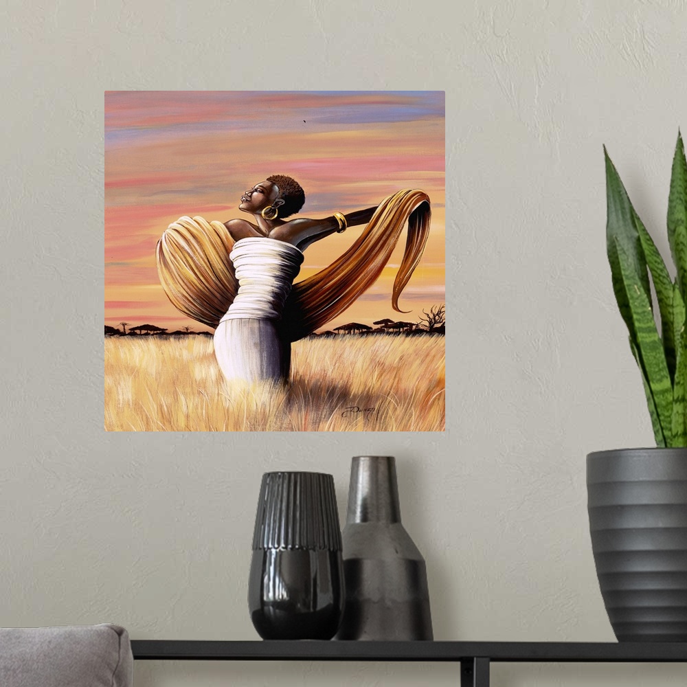 A modern room featuring Contemporary African painting of a woman in a field raising her arms.