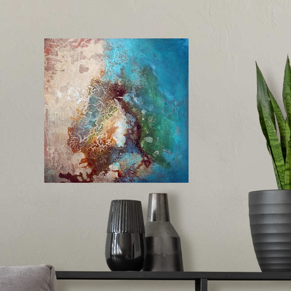 A modern room featuring Contemporary abstract painting using vibrant cool tones colliding with a raw earth tones to creat...