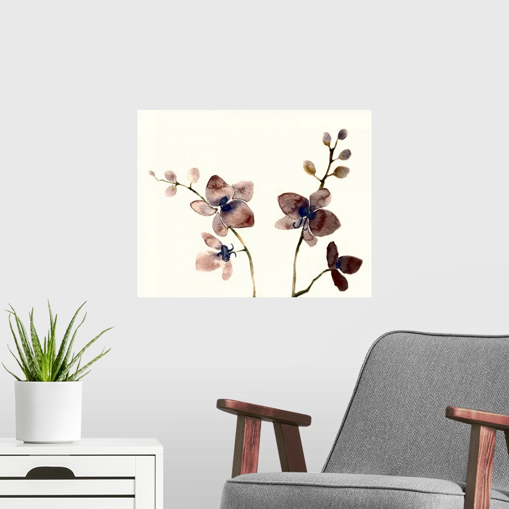 A modern room featuring Watercolor painting of four dark purple orchids on two different plants with a solid cream colore...