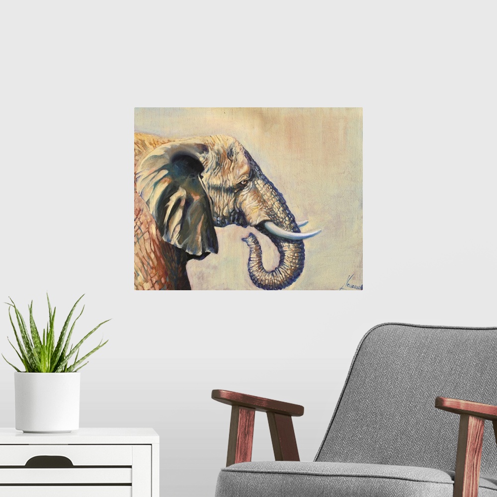 A modern room featuring Contemporary paining of an elephant in profile against a pale light brown background.