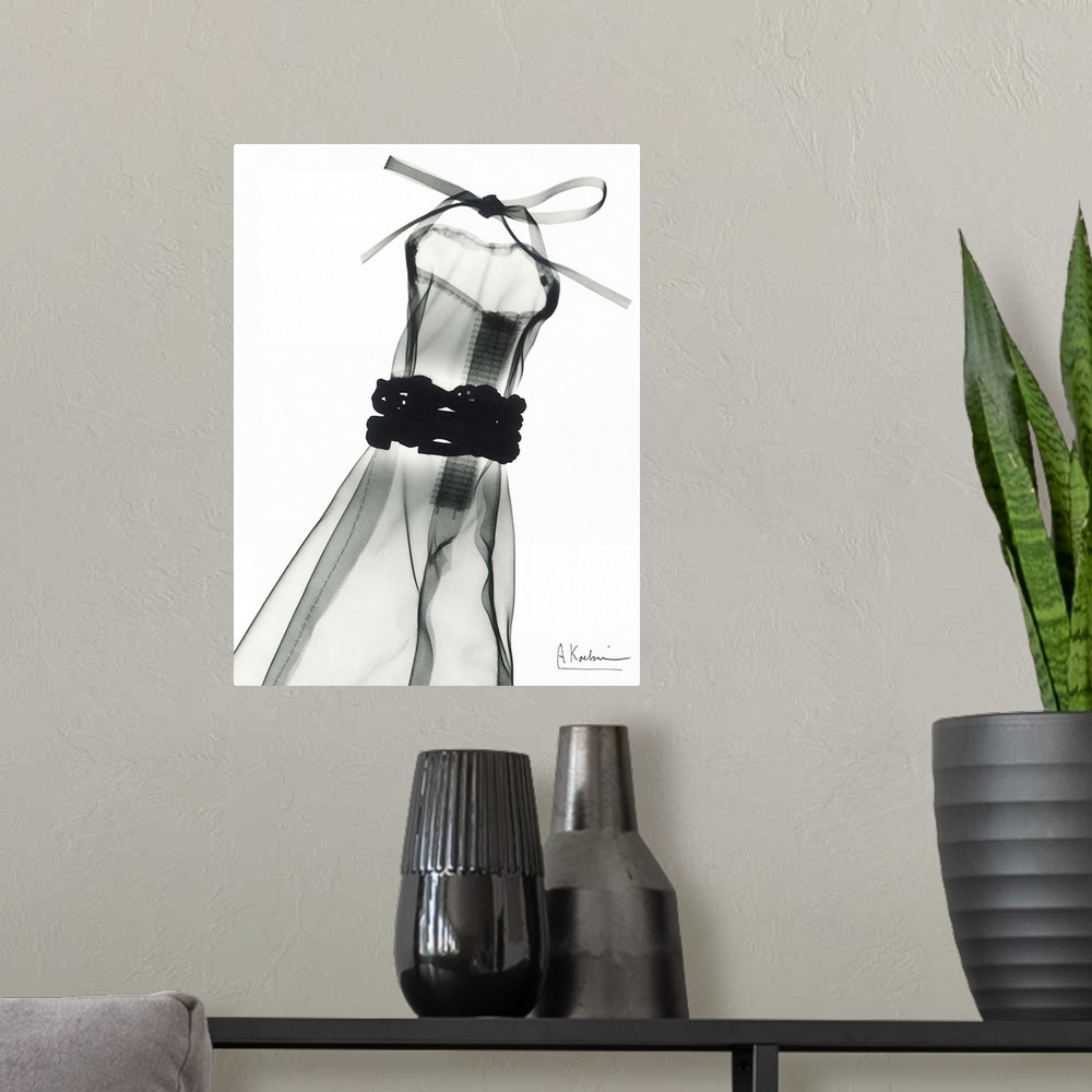 A modern room featuring Vertical x-ray photograph of a dress, against a light background.