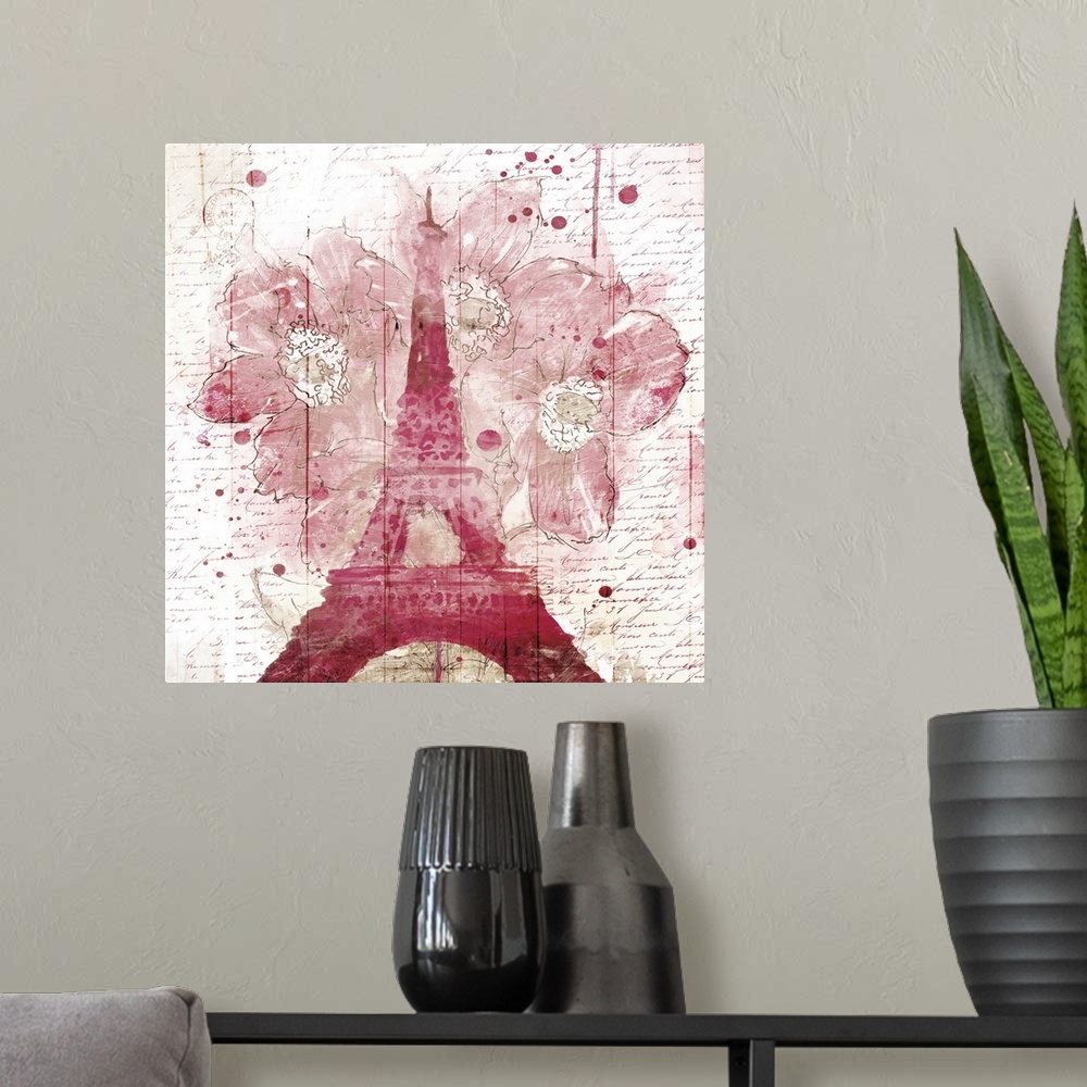 A modern room featuring The shape of the Eiffel Tower in pink with watercolor flowers and paint drips.